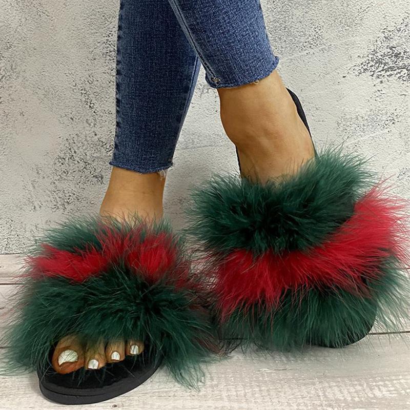 Fashion Mix Color Faux Fur Cotton Slippers for Women Fashion Open Toe Flats Slippers Woman Indoor Lightweight Non Slip Plush Slides Lady