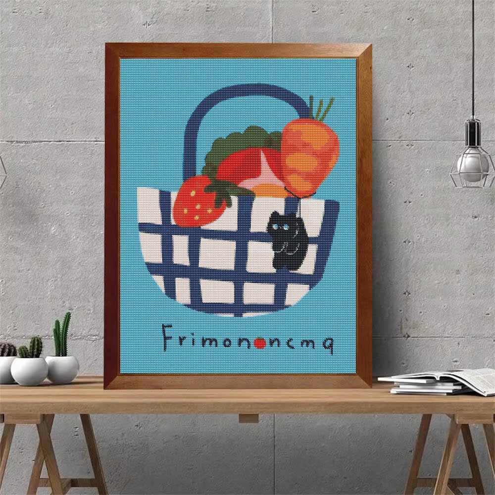 Diamond Painting Kit Black Cat in Picnic Basket Full Drill Canvas Art Mindful Craft Gift for Adults and Beginners Relaxation Hobby