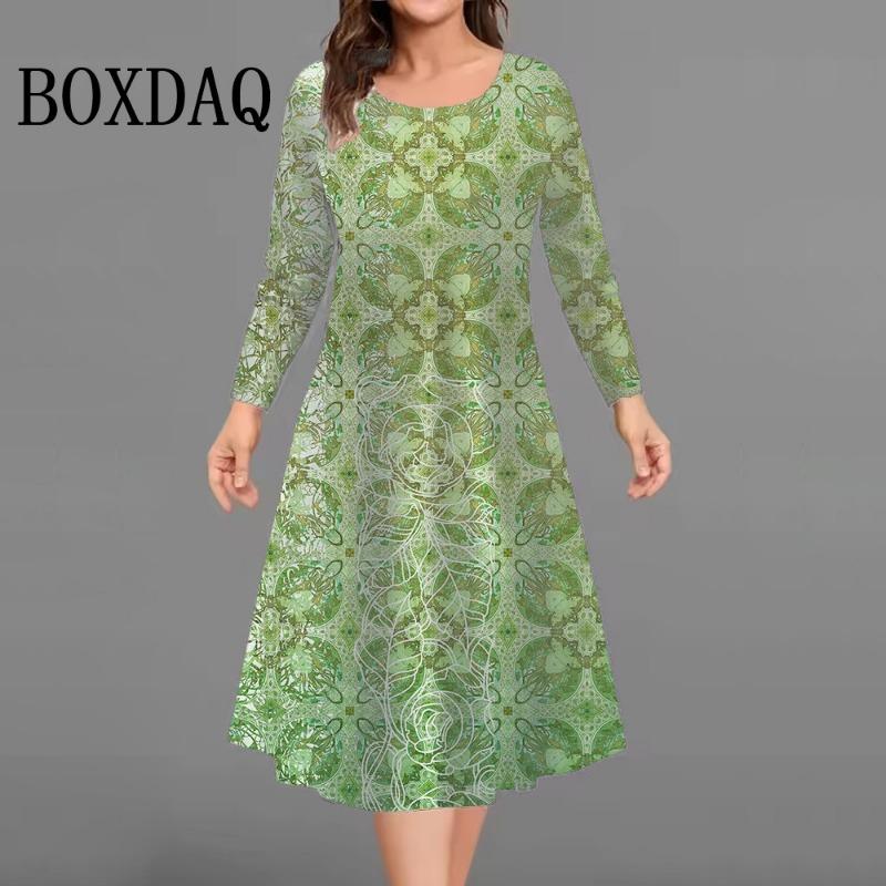 Fashion Elegant Women Dresses Autumn Winter Long Sleeve Loose Casual Flowers 3D Printed Dress Plus Size