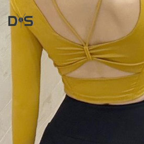 Innen gepolsterte Yoga-Tops für Damen, sexy Rücken, langärmelig, Yoga-Top, Sport, hochelastisch, für Fitnessstudio, Fitness, Laufen, Training, T-Shirt, weich, atmungsaktiv, sportliche Kleidung für
