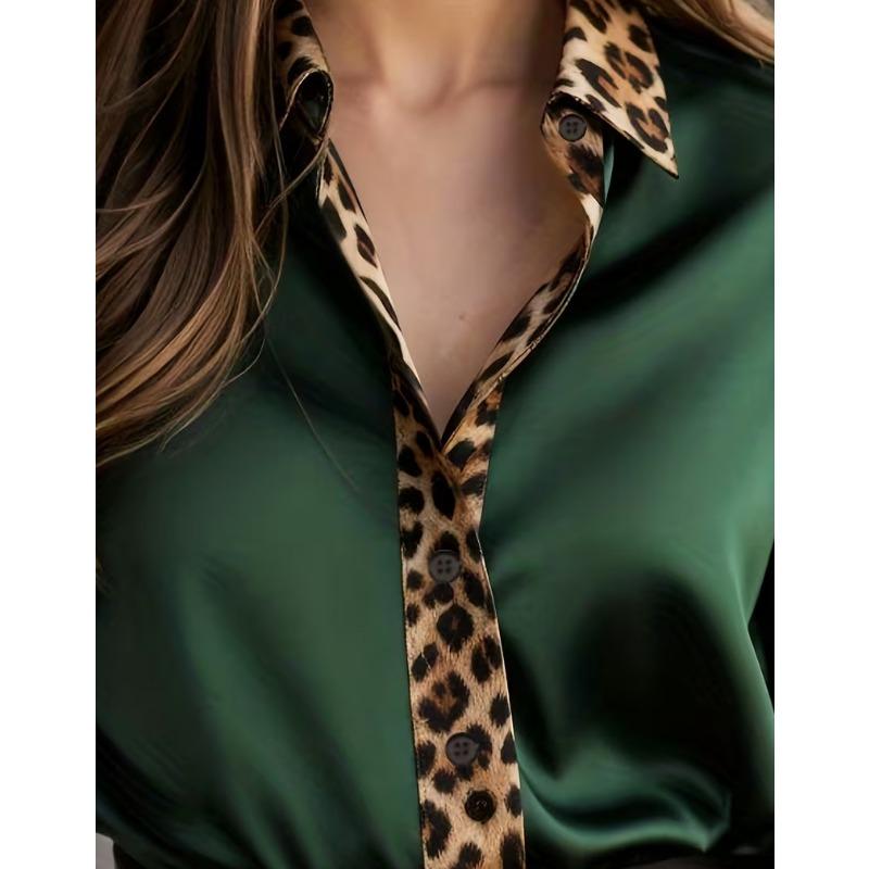 New Women's Leopard Print Long Sleeve Office Shirt Spring Autumn Lapel Casual Loose Blouse Simple Satin Elegant Solid Color Top Clothing