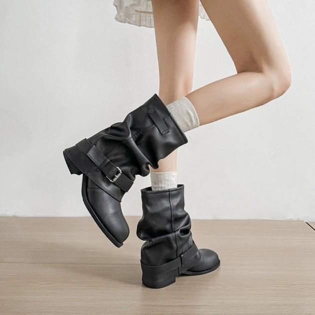 Spot second hair new round head thick heel ancient western cowboy short boots pleated trousers inner heightening pile boots women's summer