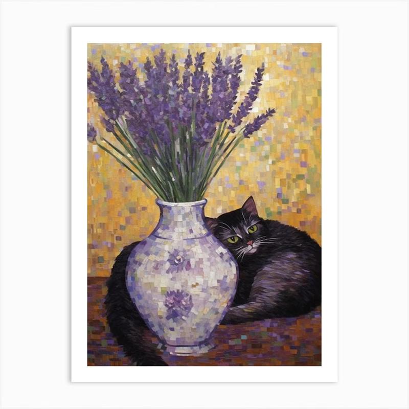 Vintage Bouquet Flower Lotus Lilies With A Cat Art Nouveau Klimt Style Art Print Poster Canvas Painting Wall Picture Room Decor