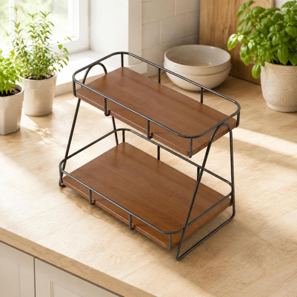 Two-Tier Desktop Storage Rack storageSaving Iron and Wood Shelf Organizer