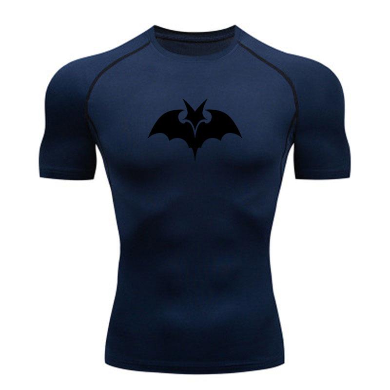 Men's Compression Workout T-shirt, Black Bat Pattern Quick Dry Breathable Athletic Top for Gym Running Training Sports F