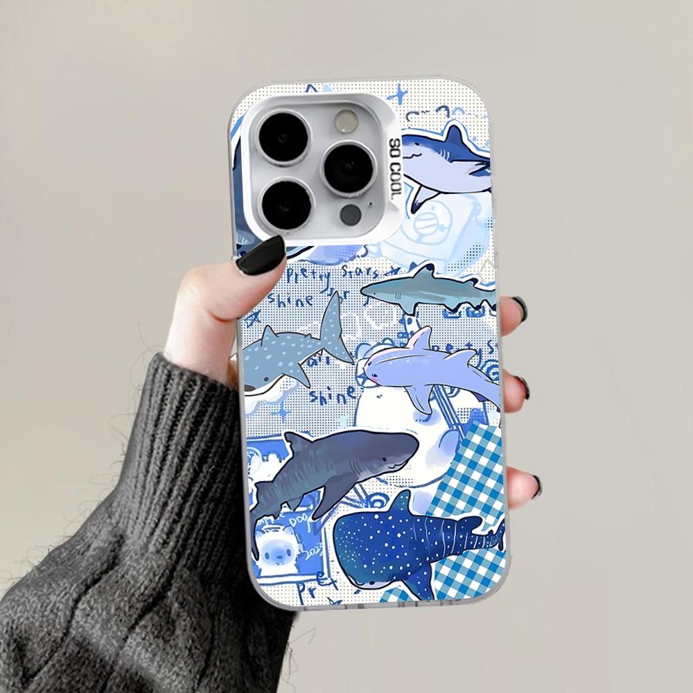 Cute Cartoon Blue Shark Phone Case For iPhone 16,15,14,13,12,11,Pro,Max,Plus,Mini,XS,SE Anti Fall Gray White Matte Hard Bumper