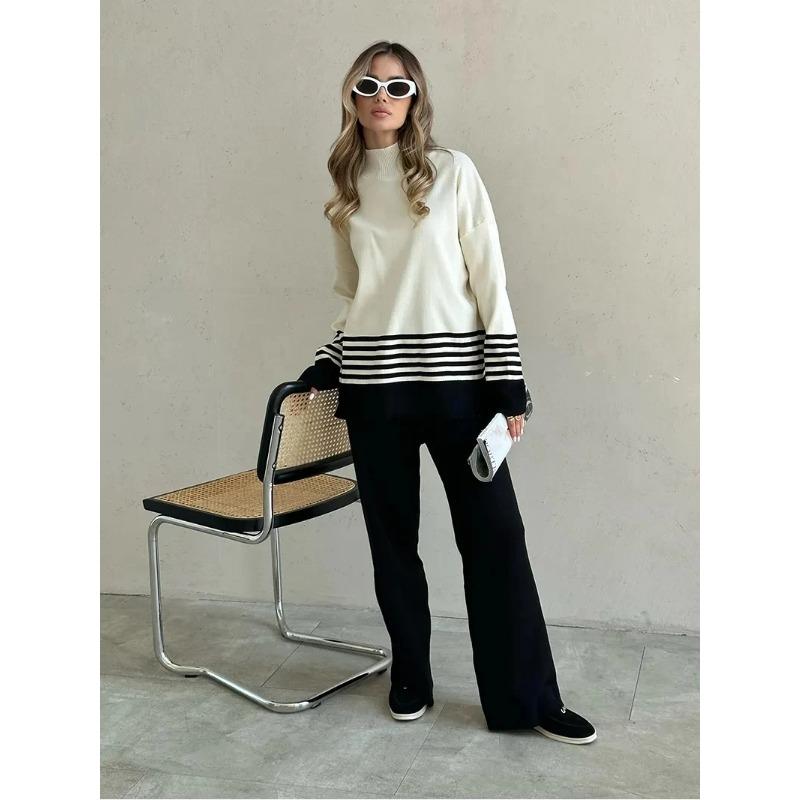 Knitted Two Piece Women Sleepwear Kits Winter Women Knit Suit Striped Turtleneck Sweater Home Suit 2 Piece Pants Kits for Women