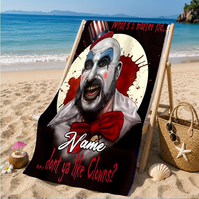 Custom Name Horror Clown Artwork Heart In Space Adventure Microfiber Beach Towel, Lightweight for Summer Travel, Swimming Pool Fan Gift