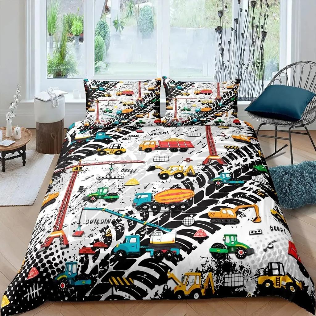 Excavator Duvet Cover Set Microfiber Tractor Truck Comforter Cover Twin Construction Vehicle Cartoon Bedding Set For Boys Teens