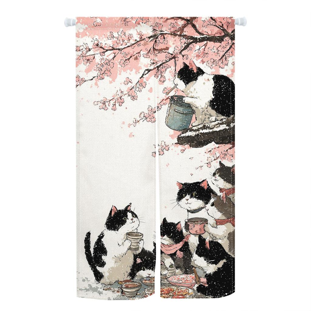 Japanese Style Noren Door Curtains Cute Cat Cherry Blossom Bird Patterns Polyester Doorway Kitchen Entrance Half Curtain For Cooking Area Made Of