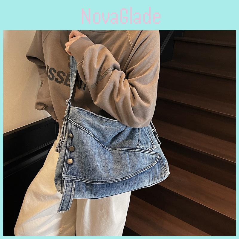 Fashion Denim Bag With Spliced Design And Zipper Closure For Daily Use