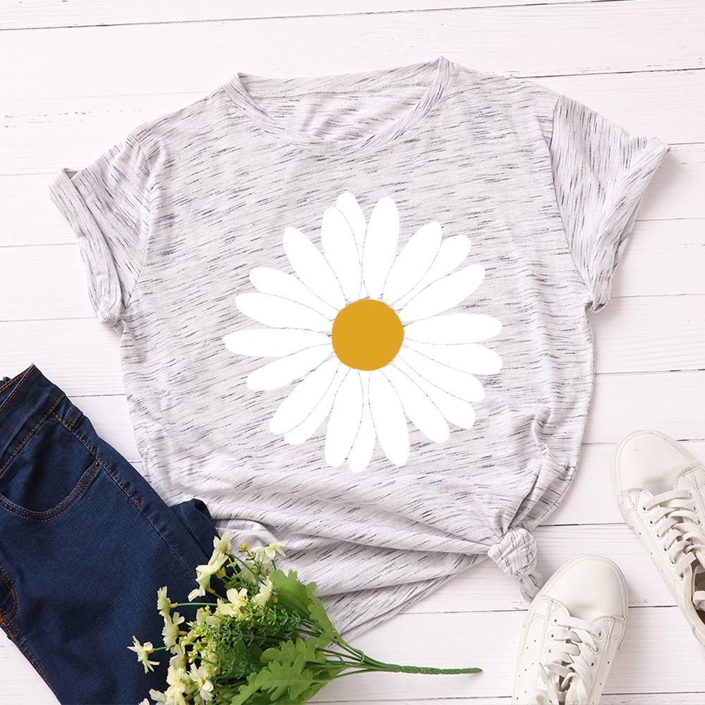 Big Sun Flower Cotton T-Shirt Short Sleeve Round Neck Women 2d Print Tops