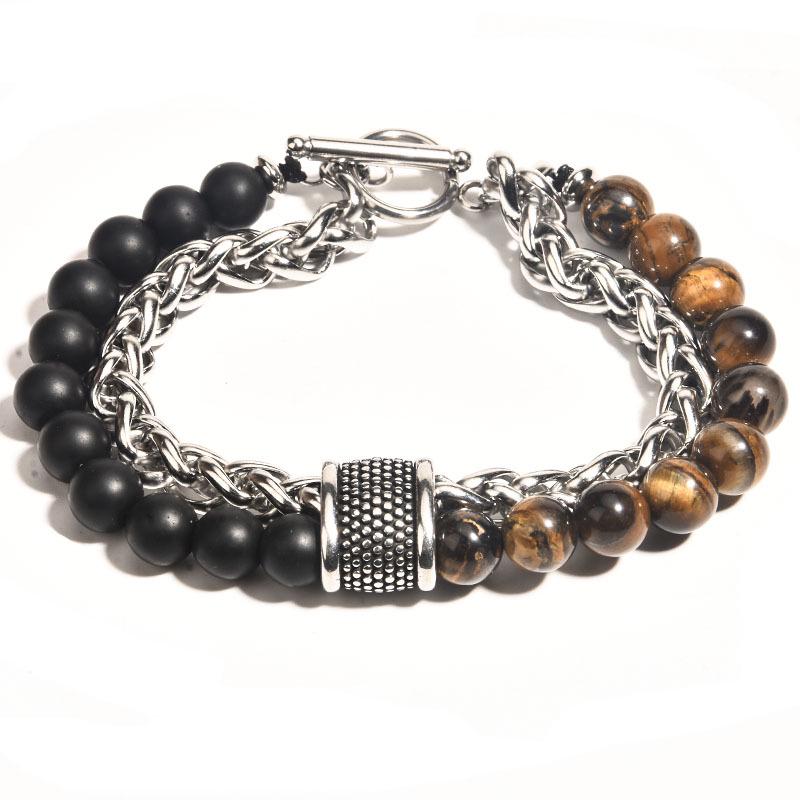 Natural Map Stone & Stainless Steel Men's Beaded Bracelet - Unique Fashion Jewelry
