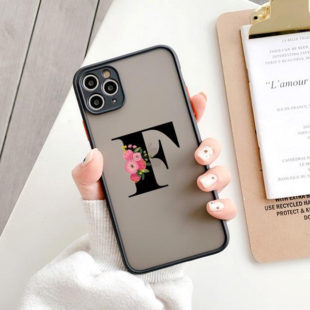 Black Letter Flower Matte Phone Case For iPhone 15 12 14 Pro Max Cases For iPhone 11 13 pro Back Cover fashion Shell Coque