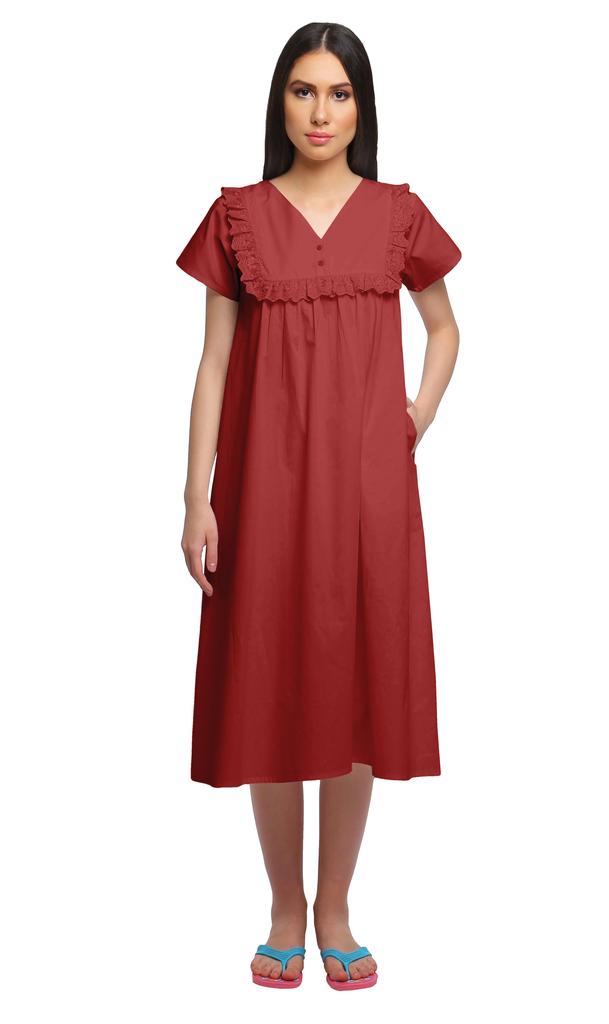 Moomaya Solid Short Sleeve Nightdress For Ladies Button Placket Nightwear