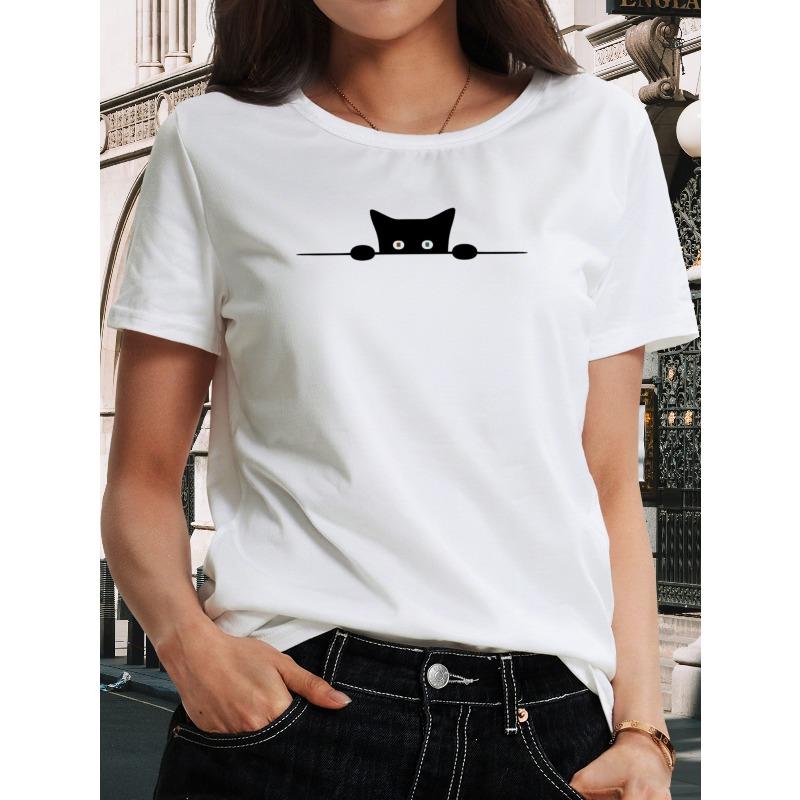 Women Black Cat T-Shirt Crew Neck Short Sleeve Loose Fit All-Season Casual Weekend Cat Lover Machine-Washable Top