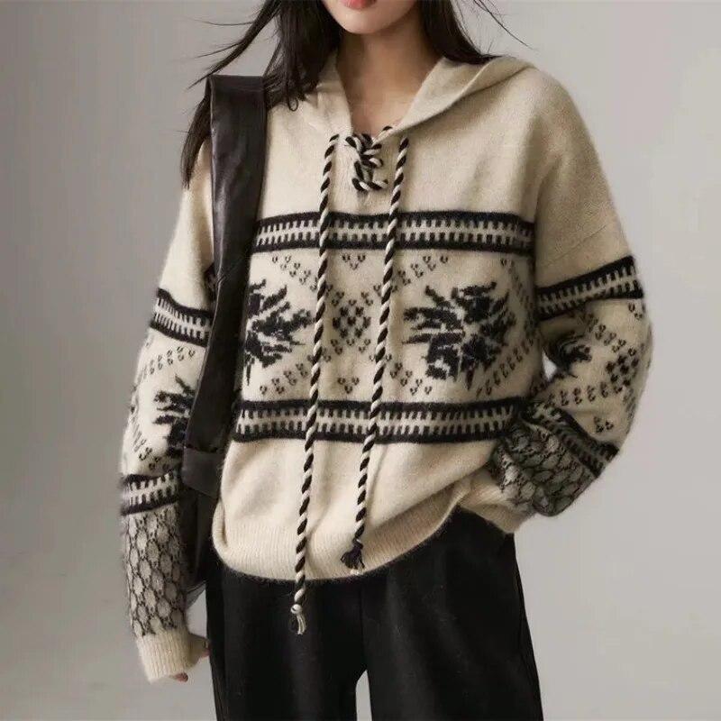 

Осень/зима, новый ленивый стиль, дизайн, смысл, Рождество, Новый год, красный трикотаж с капюшоном и завязками, пуловер, свитер для верхней одежды One Size чёрный