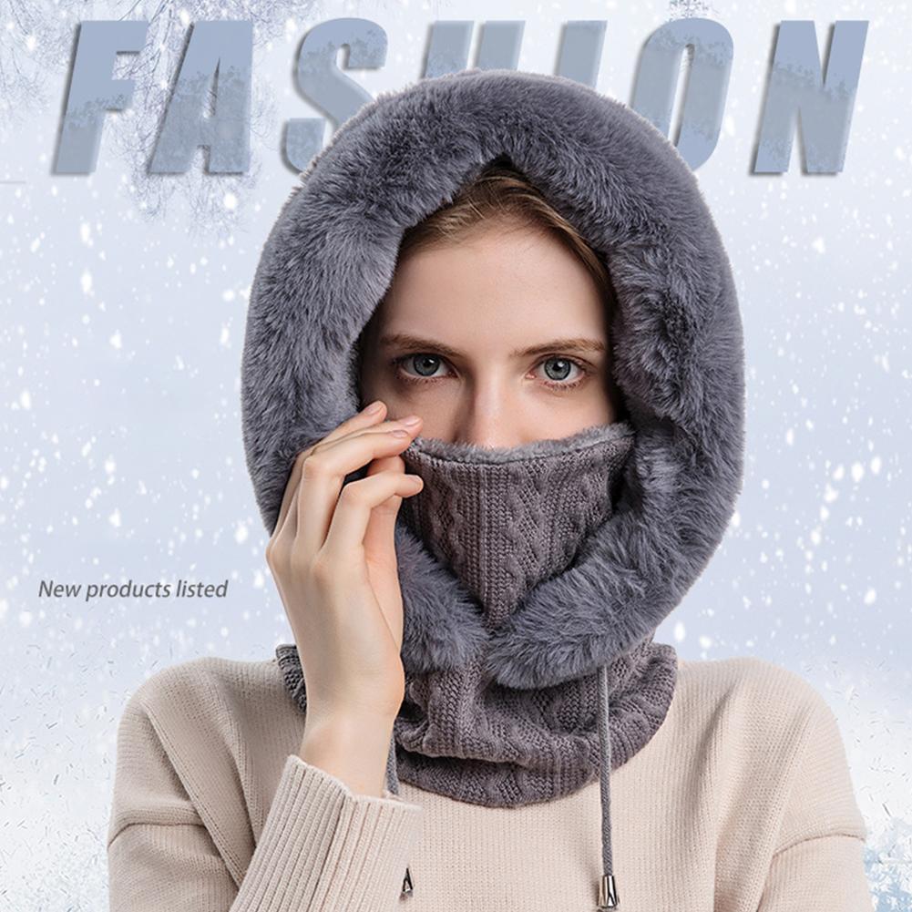 Winter Fur Cap Mask Set Hooded For Women Knitted Cashmere Thick Hat Windproof Warm Fluffy Beani I2L1