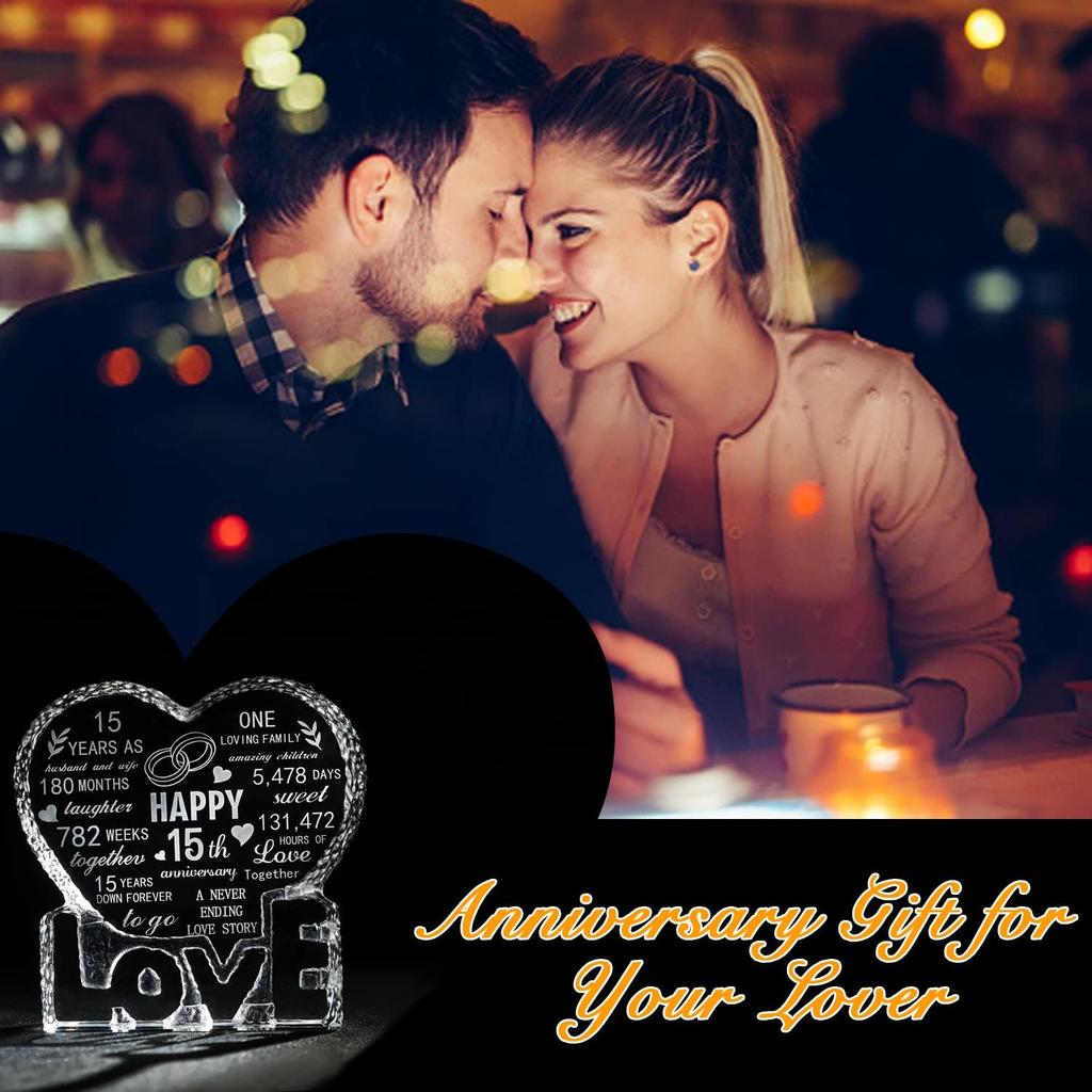 H&D HYALINE & DORA 15 Year 15th Wedding Anniversary Paperweight, Crystal Sculpture Keepsake Gifts, Personalized Crystal Engraved Heart Marriage
