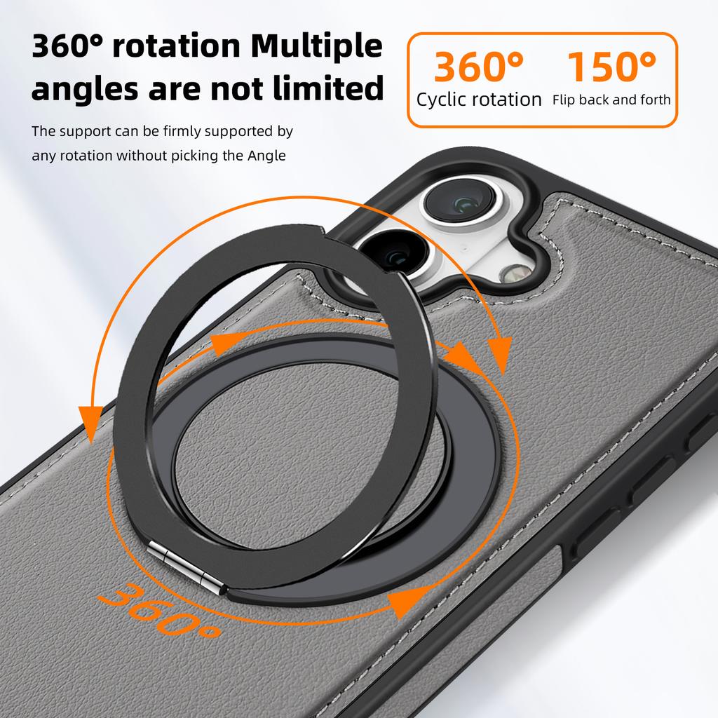 For iPhone 16 Magnetic Case Rotate Ring Kickstand PU Leather+PC+TPU Back Cover
