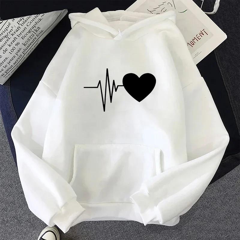 Woman Hooded Sweatshirt Casual Fashion Heart Print Hoodies Ladies Home Outdoor Comfort Warm Pullover Daily Sport Loose Hoody Top