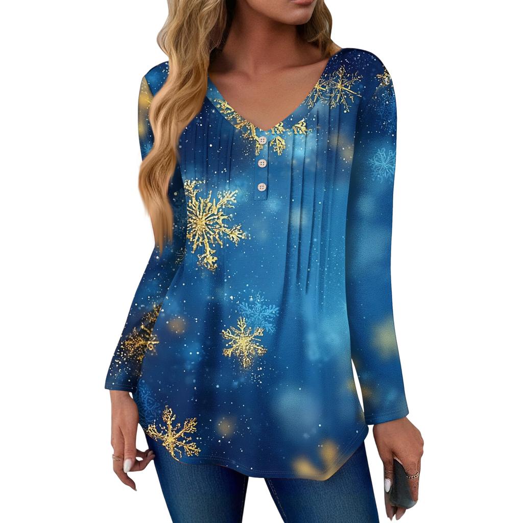 Women's Fashion Casual Christmas Tree Print V-Neck Decorative Button Long Sleeve T-Shirt Top