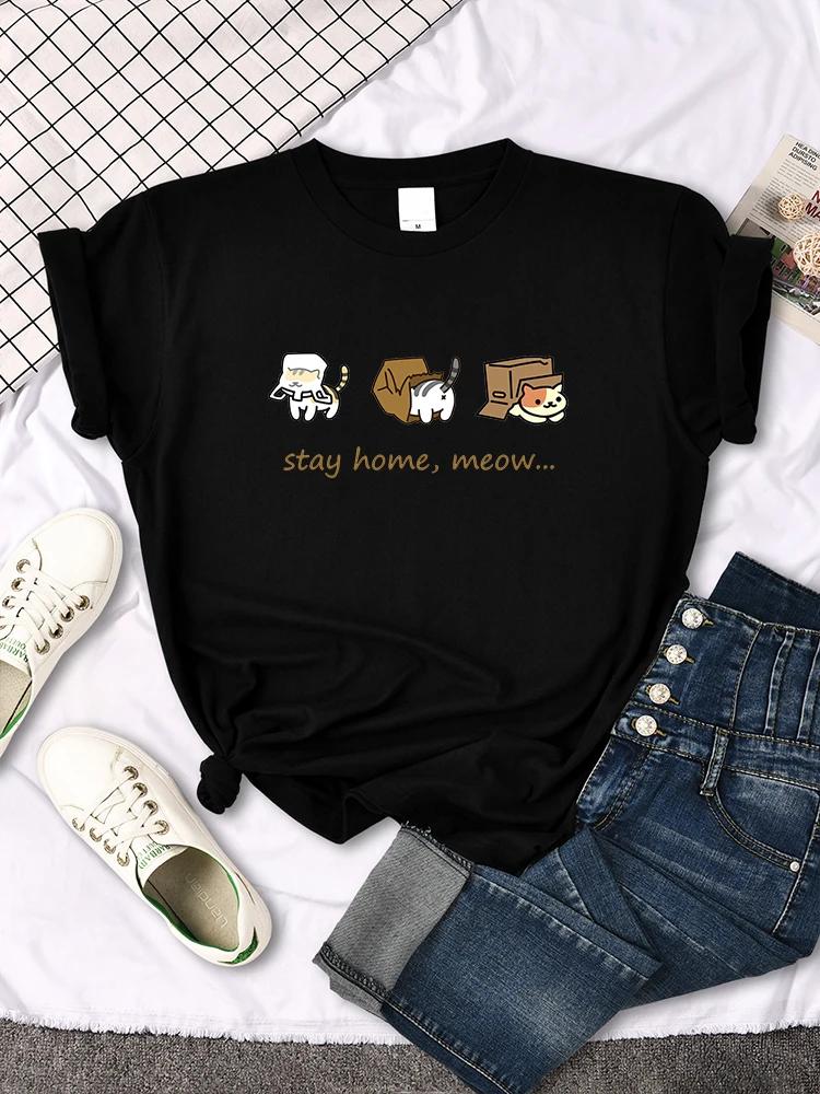 

Women Tshirts Shirt Casual Style FeUnisex Shirts Three Mini Cat Animal Stay Home Meow Print Aesthetic Clothes Harajuku Streetwear S