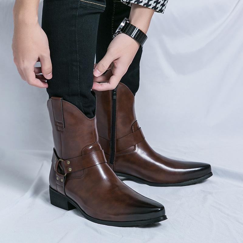 Men's Western Style Cowboy Boots - Pointed Toe, High-Top Leather Martin Boots