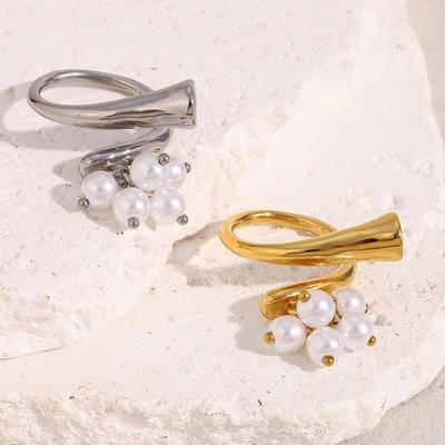 MamacitaSlay Unique 18K Gold Plated Stainless Steel Pearl Geometric Open Rings Waterproof Jewelry Women's Creative Charm Gift
