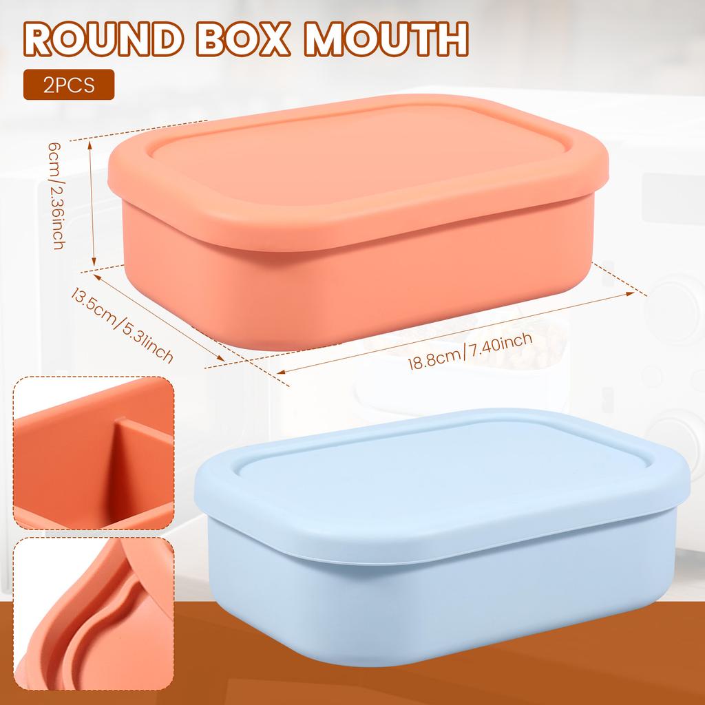 2Pcs Silicone Food Box with 3 Compartment Reusable Food Container Microwave Safe Meal Prep Box for Work Office and On The Go