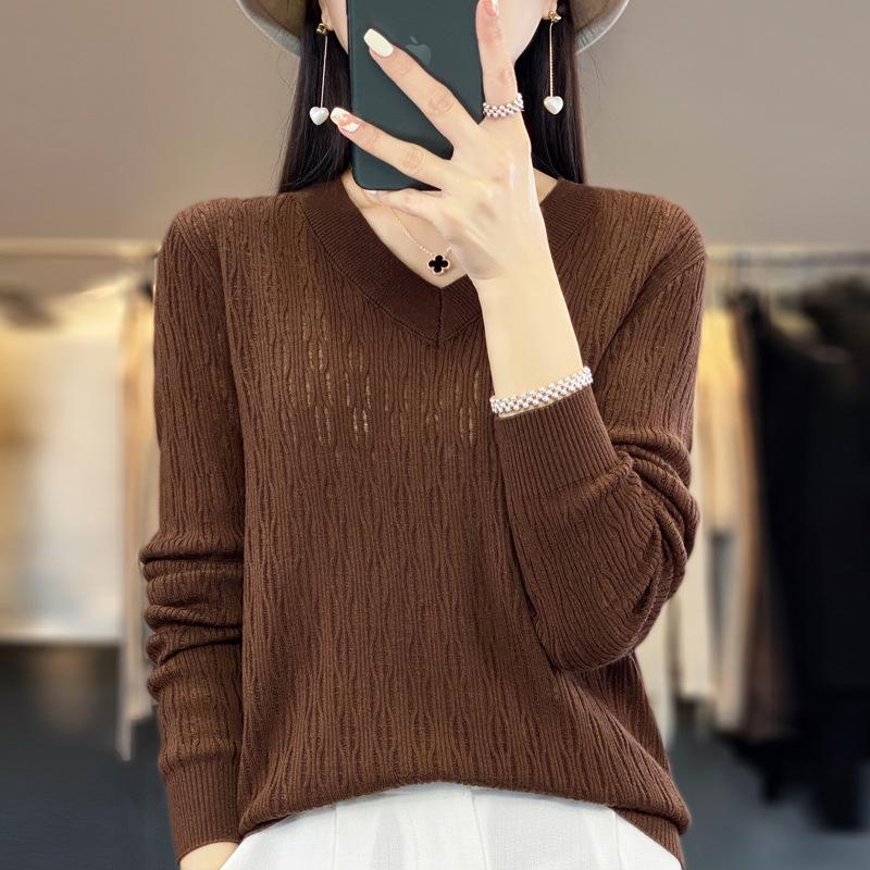 Summer 2025 Women's Plus Size V-Neck Long Sleeve Hollow Out Knit Sweater Cardigan Blouse