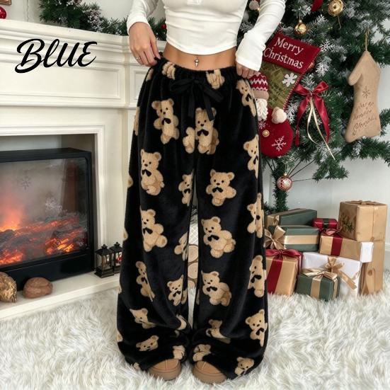 Bear Print Pajamas Women Plush Sleeping Pants Wide Leg Pajama Bottoms Pants Thickened Warm Lounge for Autumn Winter Home Wear Bottoms