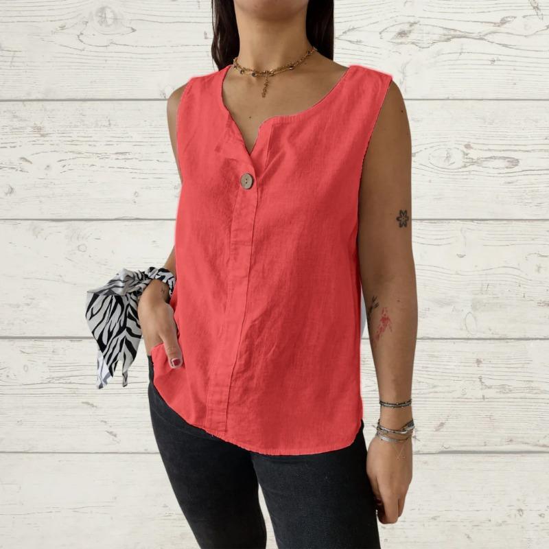 Summer New Loose Vest Shirt for Women V-neck Cotton and Linen Button Top