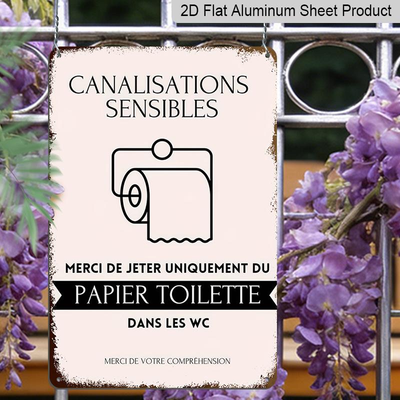 2D Flat Vintage French "Please Use Toilet Paper" Metal Wall Sign - Retro Aluminium Bathroom Decor Suitable, Garage & Cabin - Humorous Toilet Paper