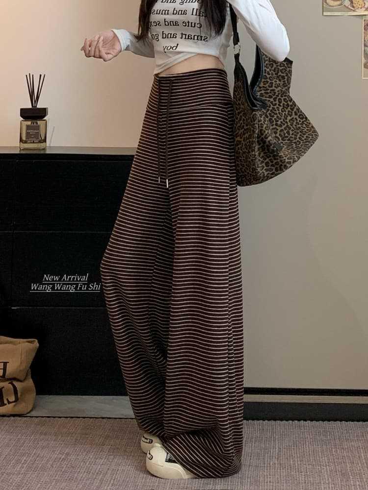Autumn 2026 Women's Striped Drawstring Casual Pants - Floor-Length, Loose, Slimming Style