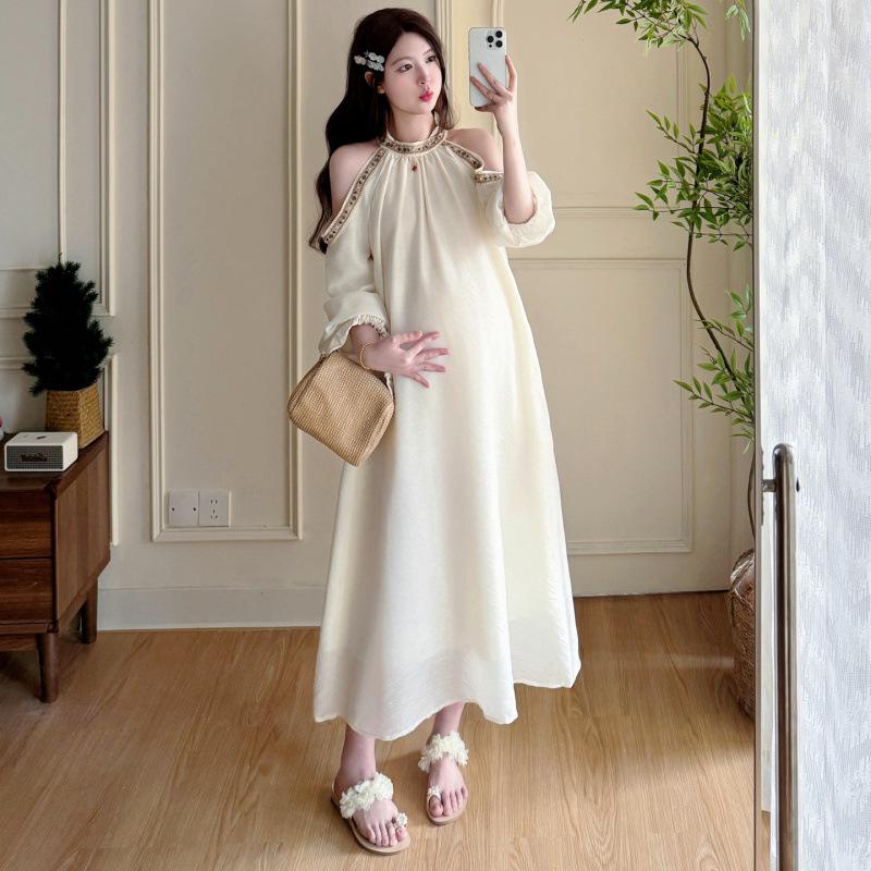 2026 Spring/Summer Halter Neck Off-the-Shoulder French Style Plus Size Maternity Dress 2XL слоновая кость/белый