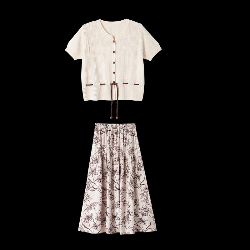 Shangjing Women's Knit Top & Printed Skirt Two-Piece Set