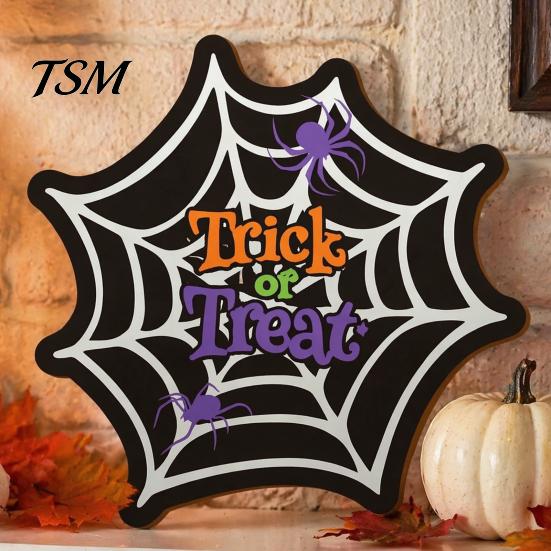 Halloween Theme Party Props Wooden Door Hanger Sign, Spider Web Hanging Trick Retro Style Holiday Wall Plaque or Treat Plaque, Rustic Farmhouse