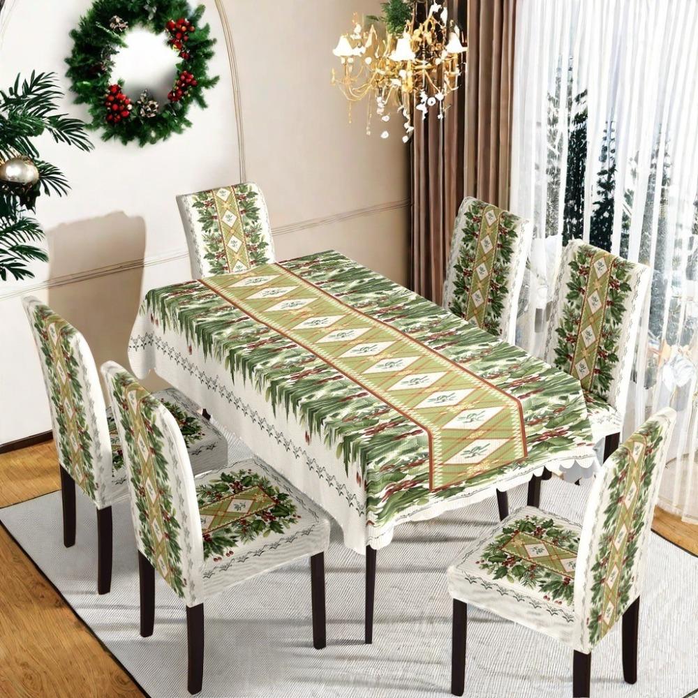 Christmas Waterproof Printed Tablecloth and Chair Covers Set Holiday Dining Decor