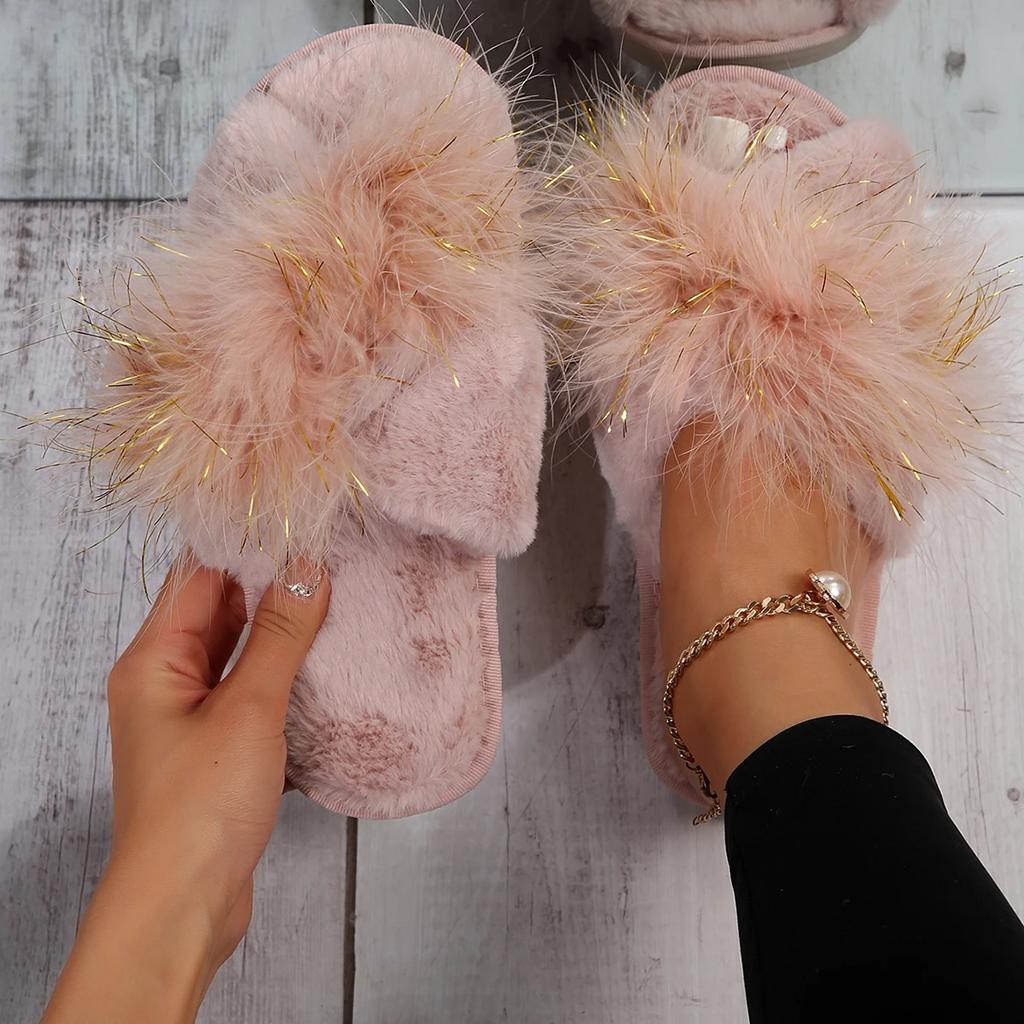 Warm Furry Slippers Women 2024 New Women Thick Fluffy Fur Slippers Winter House Flip Flops Home Slides Flat Indoor Floor Shoes