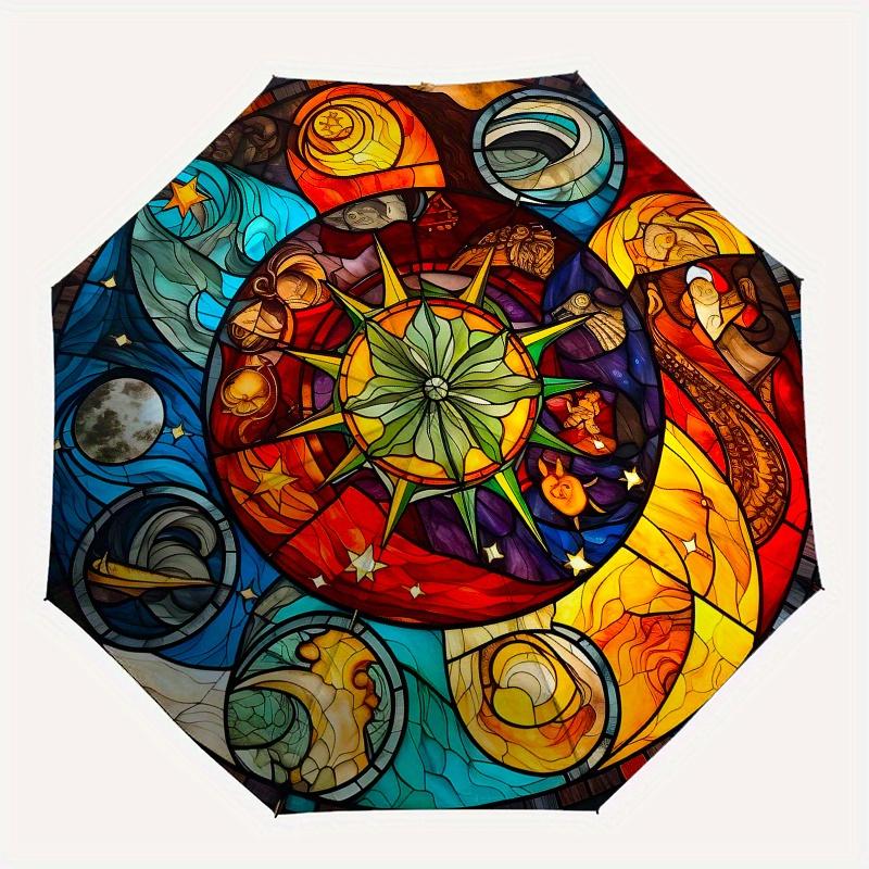 Stained Glass Celestial Window Panel: Vibrant Astronomical Design Umbrella, Cute Umbrella with Cute Design, Portable 3-Fold Compact Umbrella for Men &