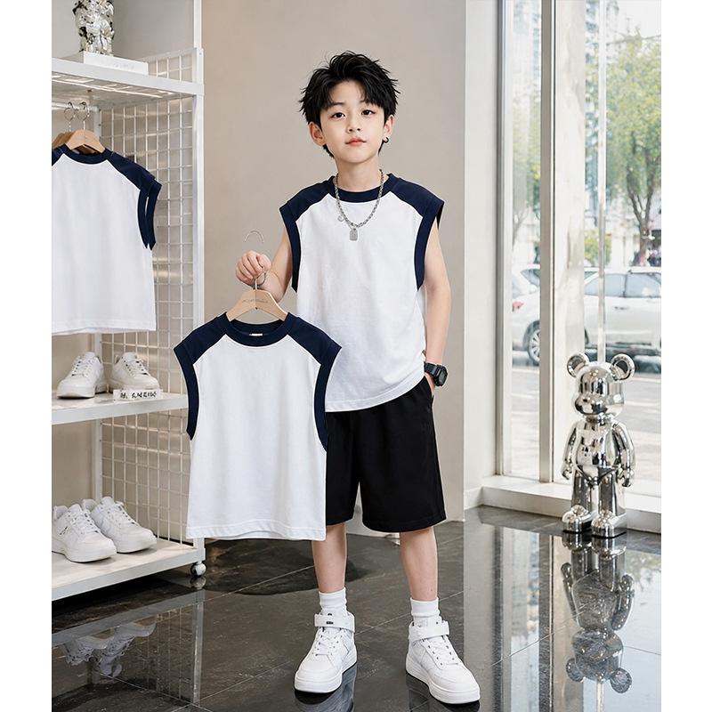 Boys' Trendy Color Block Cotton Vest & Shorts Set: Casual Summer Patchwork Outfit for Kids