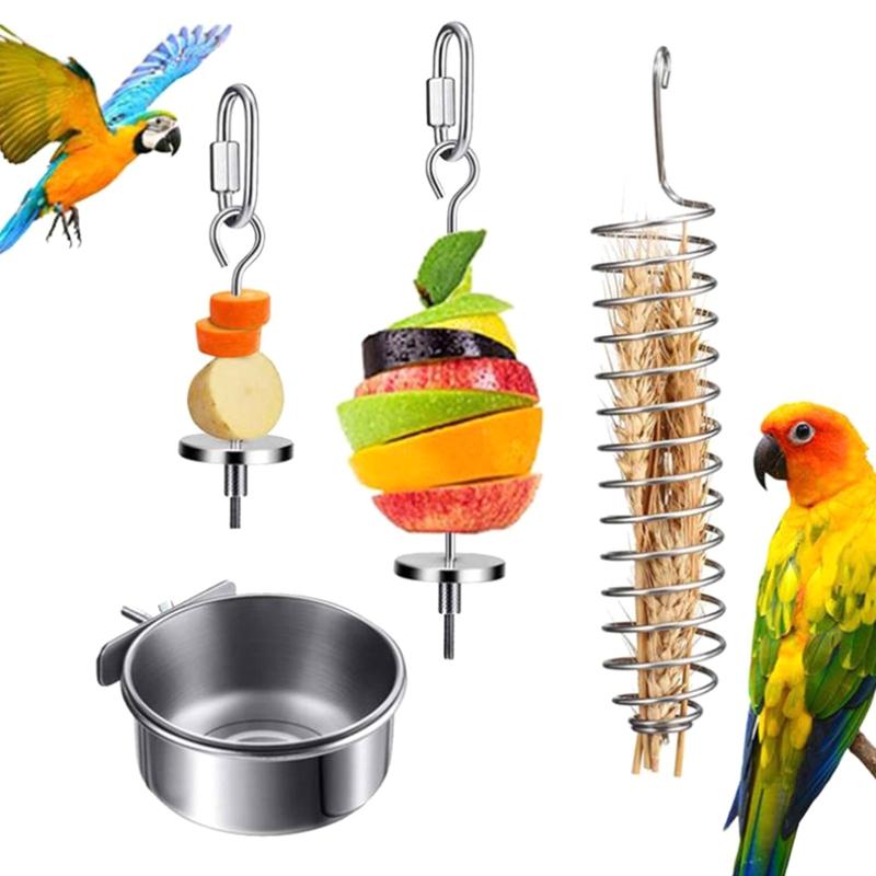 Bird Food Holder Cage Feeder Toy Parrot Stainless Steel Food Bowl Hanging Skewer for Fruit Treat for Lovebird Conure