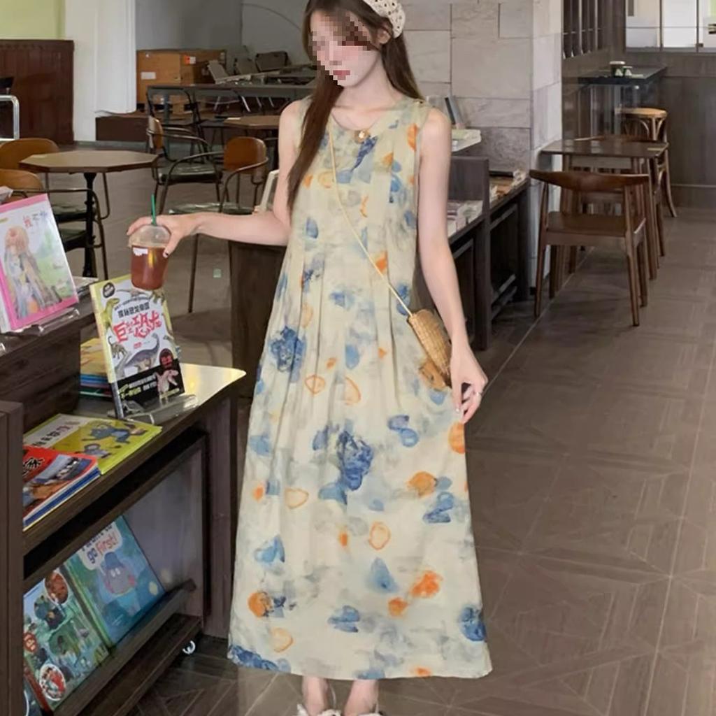 Retro new national style ink painting pleated vest dress women's summer new design temperament A-shaped long skirt