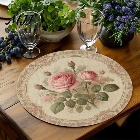 Vintage Floral Pattern Place Mats 4Pcs Nordic Wooden Coasters, Heat Resistant Drink Mats, Non Table Settings Slip Protector for Mugs Cups, Round