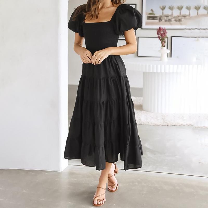Damen Sommerkleid, Langes Kleid, Blumendruck, Puffärmel, elastisch, lockeres Sommerkleid bis zur Mitte der Wade