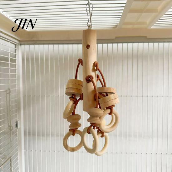 Wood Blocks Parrot Toy Toy, Bird Chew with Wooden Rings, Chewable Toys Biting Hanging Cage Accessory for Parakeet Conure Cockatiel