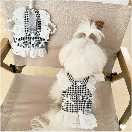Pet Dog Clothes Lace Skirt Pastoral Style Black Plaid  Harness Puppy Dresses Universal Harness Tractionable Retro Princess Dress