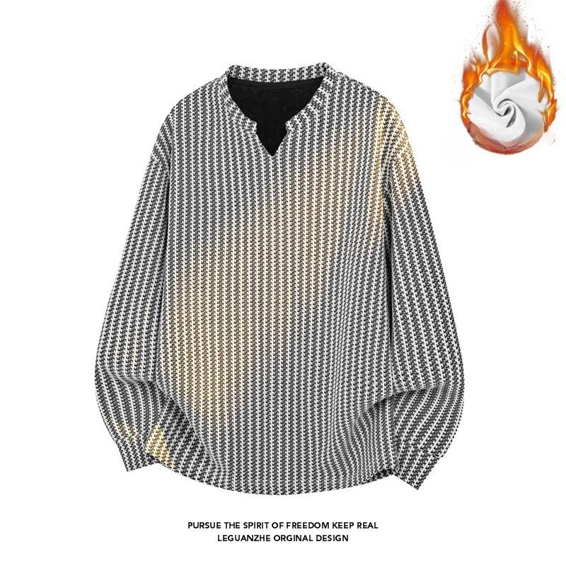 Men Textured Notch V Neck Long Sleeve Shirt Loose Fit Woven Fabric Casual Tops Retro Stripe Pattern Streetwear Daily Wear