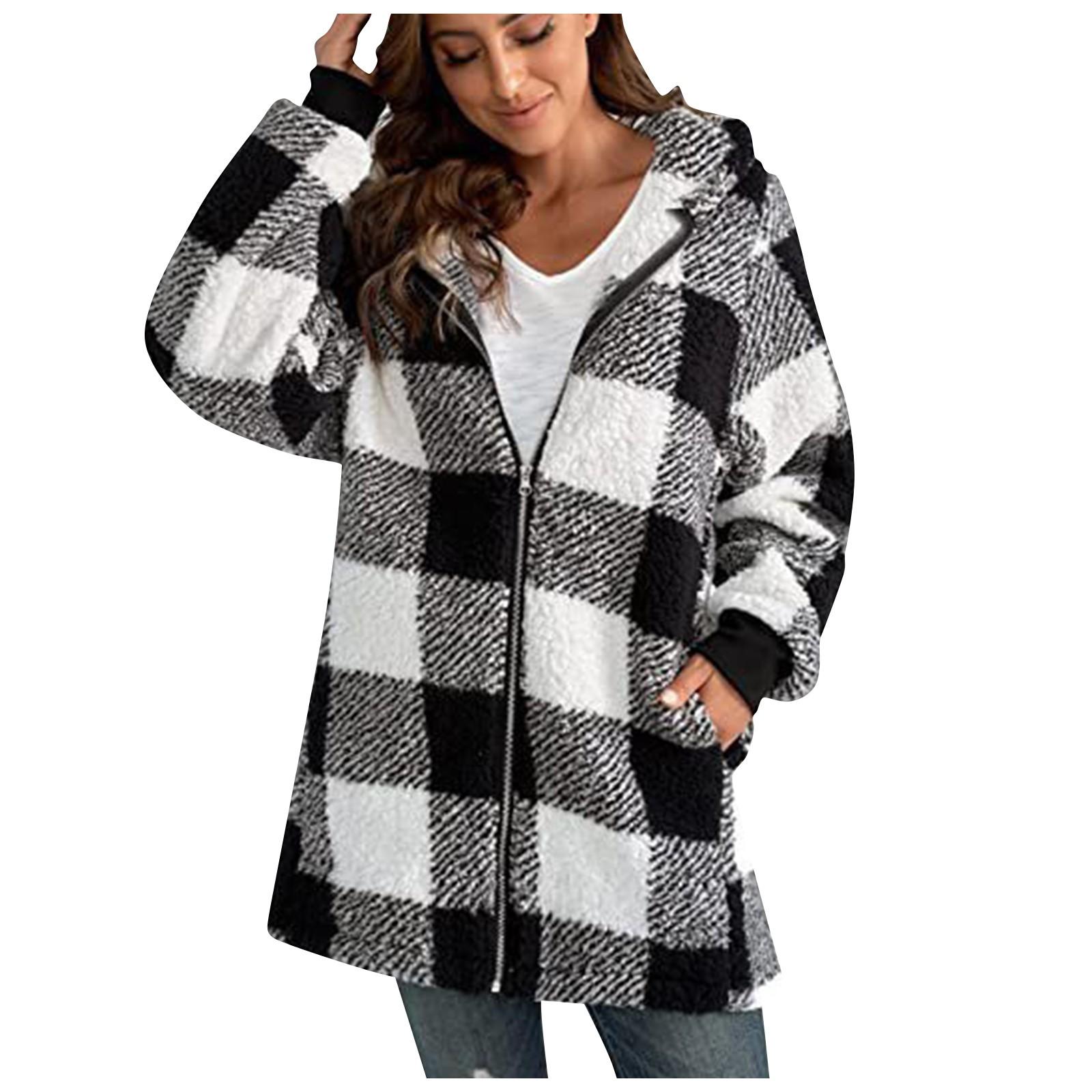 Women s Casual Plush Long Sleeve Plaid Hooded Zipper With Pocket Loose Coat L